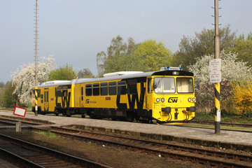 The yellow train on station, Karlovy Vary, Czech Republic