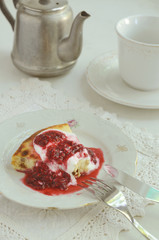 Cottage cheese baked pudding with raspberry topping