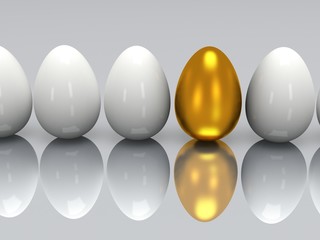 Golden egg in a row of the white eggs