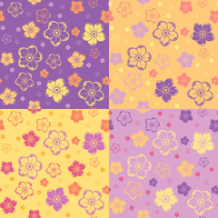 Set of four seamless patterns with flowers. Vector illustration.