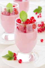 Panna cotta dessert with red currants, selective focus.