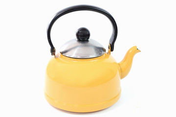 Yellow kettle isolated white background