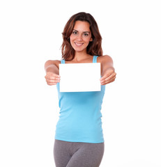 Adult woman holding a blank card