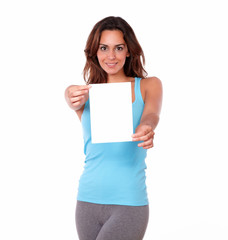 Charismatic woman holding a blank card