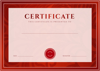 Red Certificate / Diploma template (design). Floral pattern
