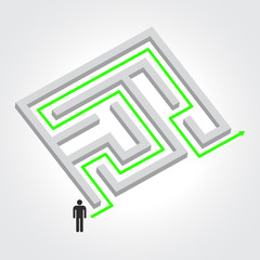 Labyrinth with arrow and people. Vector illustration