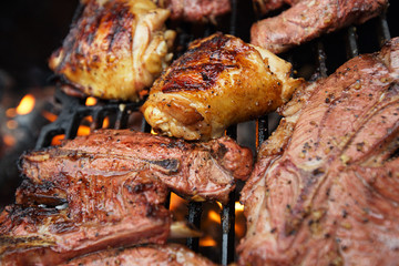 food meat - chicken and beef on party summer barbecue grill