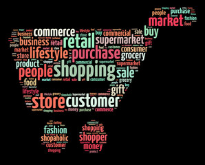 Words illustration of a shopping trolley over black background