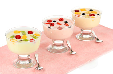 Delicious yogurt with fruit isolated on white