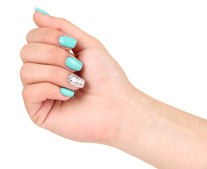 Beautiful woman hands with blue manicure,isolated on white