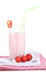 Delicious milk shake with strawberries isolated on white