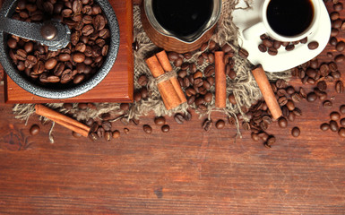 Coffee beans, metal turk and coffee mill