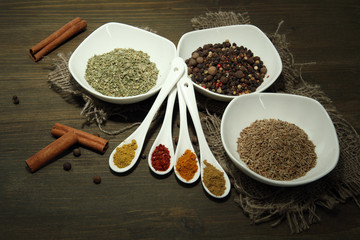 Assortment of spices in  white spoons and bowls,