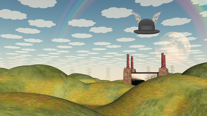 Plakaty  Skrzydlaty kapelusz w surrealistycznym krajobrazie