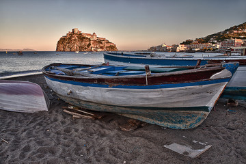 Aragonese Casle (Ischia Island) view beach old prison at sunse 1