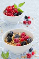 breakfast - muesli with berries, milk, selective focus.