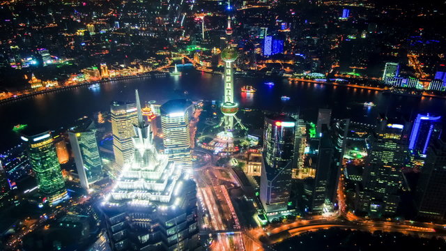 Aerial view of Shanghai Pudong at night,time lapse