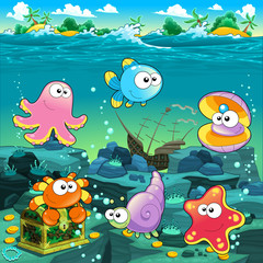 Plakat Seascape with treasure, galleon and fish..