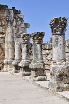 marble column, part of the great synagogue of Capernaum, Israel.