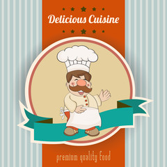 Retro illustration with cook and delicious cuisine message