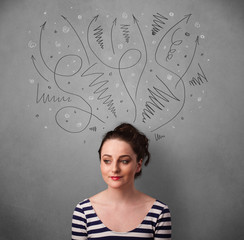 Young woman thinking with arrows over her head