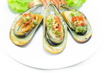 New Zealand green mussels on white plate