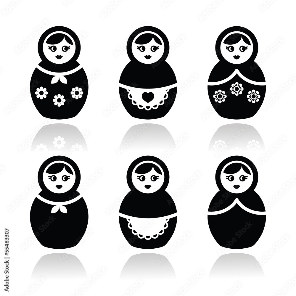 Wall mural Russian doll, retro babushka vector icons set