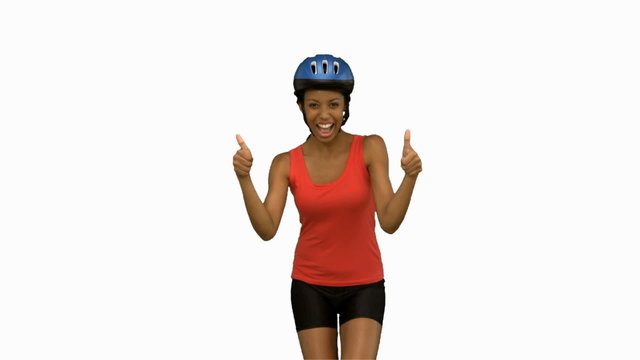 Cyclist woman giving thumbs up on white screen