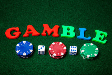 Gamble letters with poker chips and dice