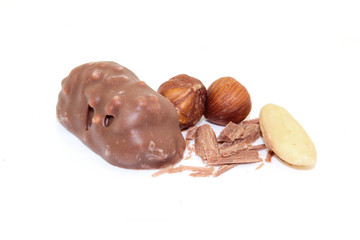 Praline schokolade mit Nuss und Madel isoliert
