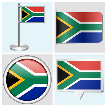 South Africa flag - set of sticker, button, label and flagstaff