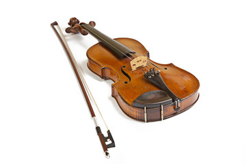 Old violin on a white background