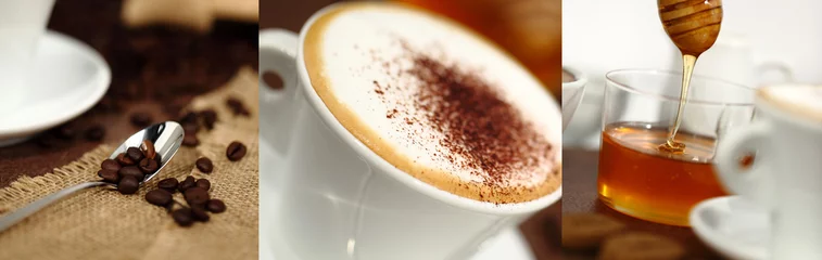 Abwaschbare Fototapete Cafe Frühstückstasse mit Cappuccino, Kaffeebohnen und Honig