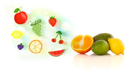 Colorful fruits with hand drawn illustrated fruits