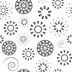 Black and white abstract background of circles and patterns.