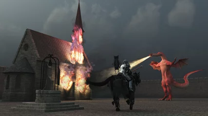 Photo sur Plexiglas Chevaliers Un chevalier à cheval affronte un dragon cracheur de feu