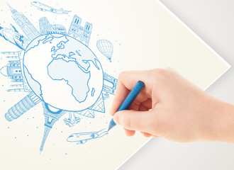 Hand drawing vacation trip around the earth with landmarks and c