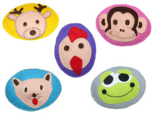 Deer, cock, monkey, frog and cat