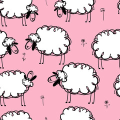 Funny sheeps on meadow, seamless pattern for your design