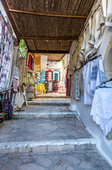 Traditional textiles on a market stall in Crete, Greece