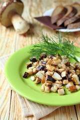slices of fried porcini mushrooms on a plate