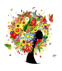 Zelfklevend Fotobehang Vrouwenhoofdontwerp, vier seizoenen kapsel met blad en bloemen © Kudryashka