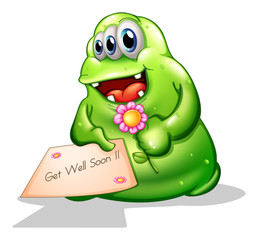 A greenslime monster holding a signage