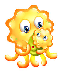 A yellow monster with a child