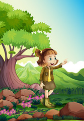A female explorer at the rocky forest