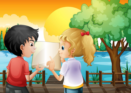 A girl and a boy discussing at the wooden bridge