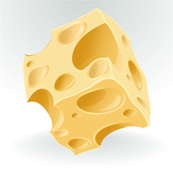 Yellow porous cheese cube on white. Vector.