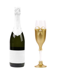 Champagne bottle and glass.