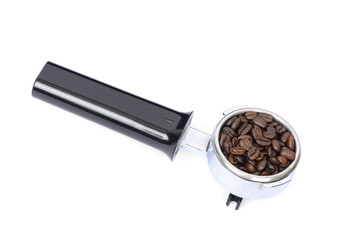 closeup of roasted coffee beans in portafilter