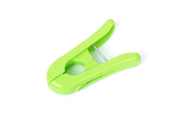 Closeup image of a colorful clothespin on a white background